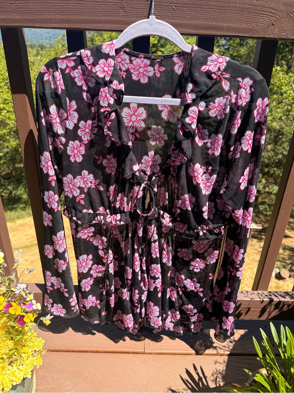 Women's Free People Black Floral Ruffled Tie-Front Top